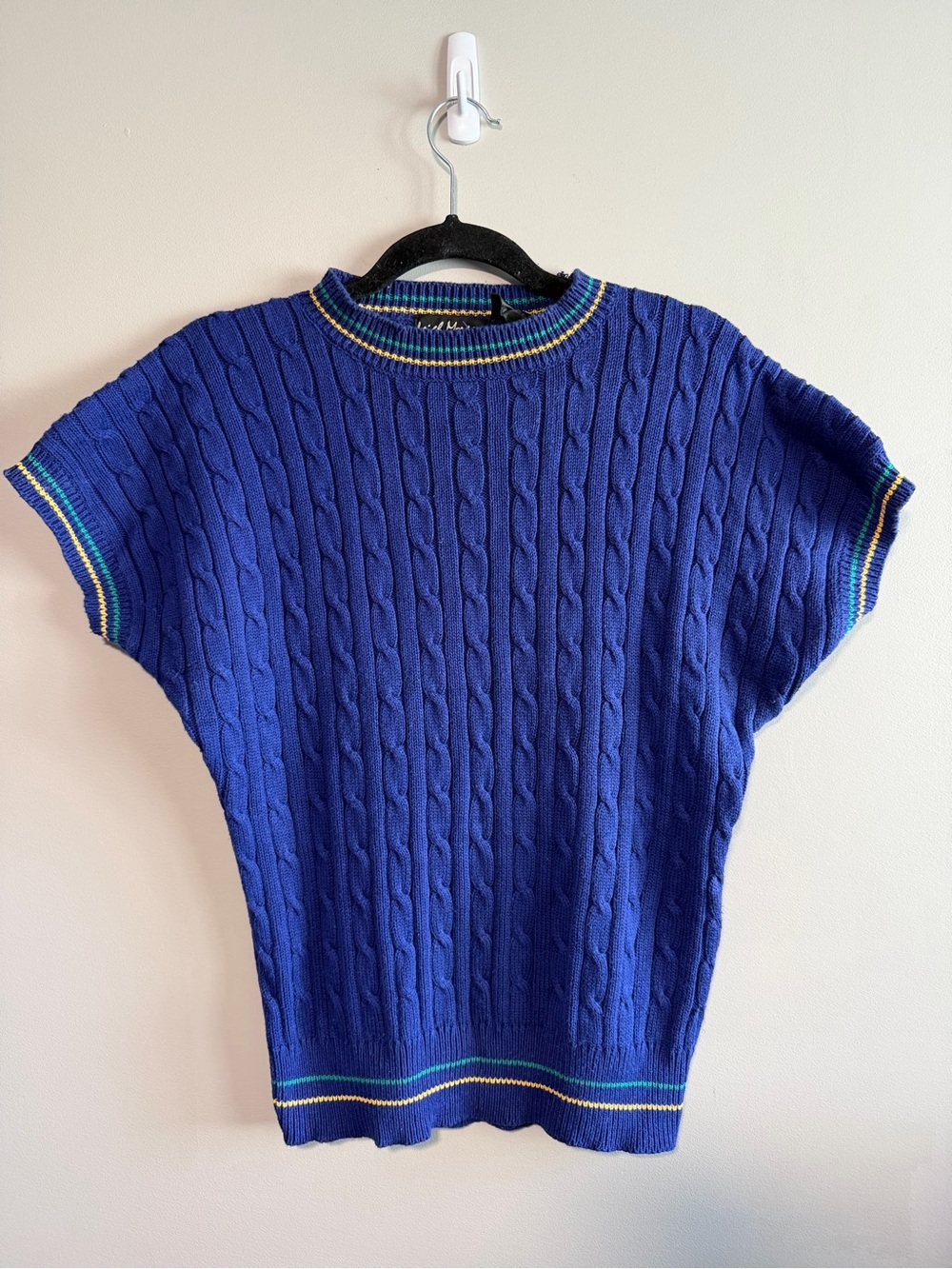 Vintage Cable Knit Cotton Sleeveless Sweater Vest Large Blue
